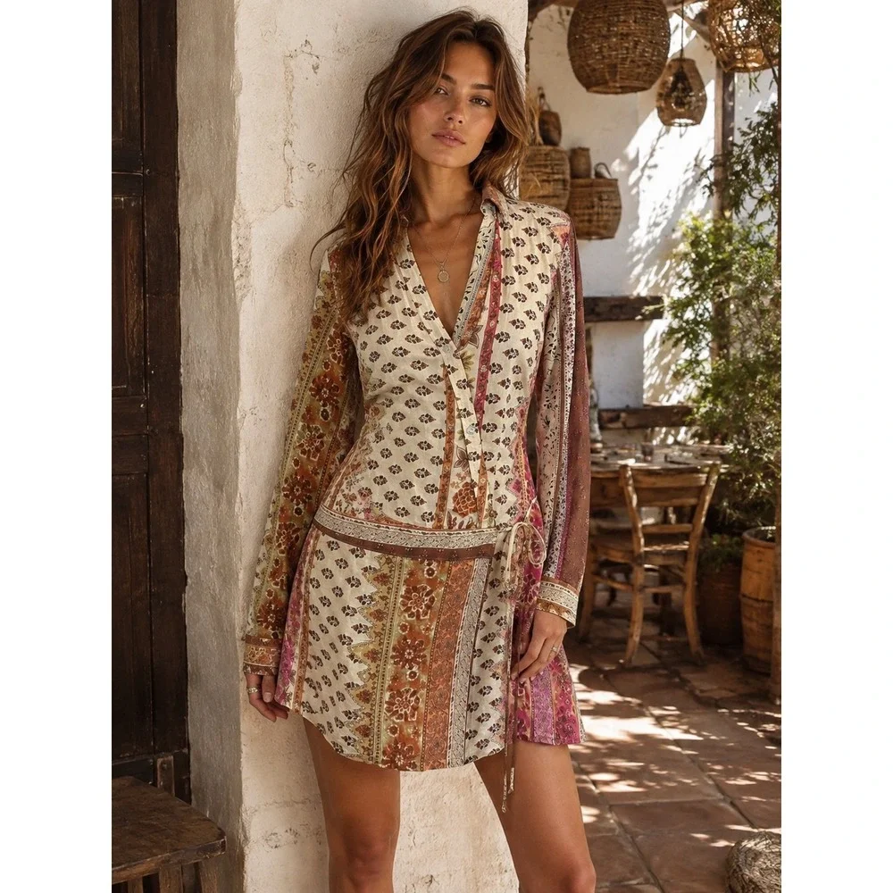 Vintage Y2K Drop Waist Boho Wrap Tunic Dress M Festival Hippie 100% Cotton USA
